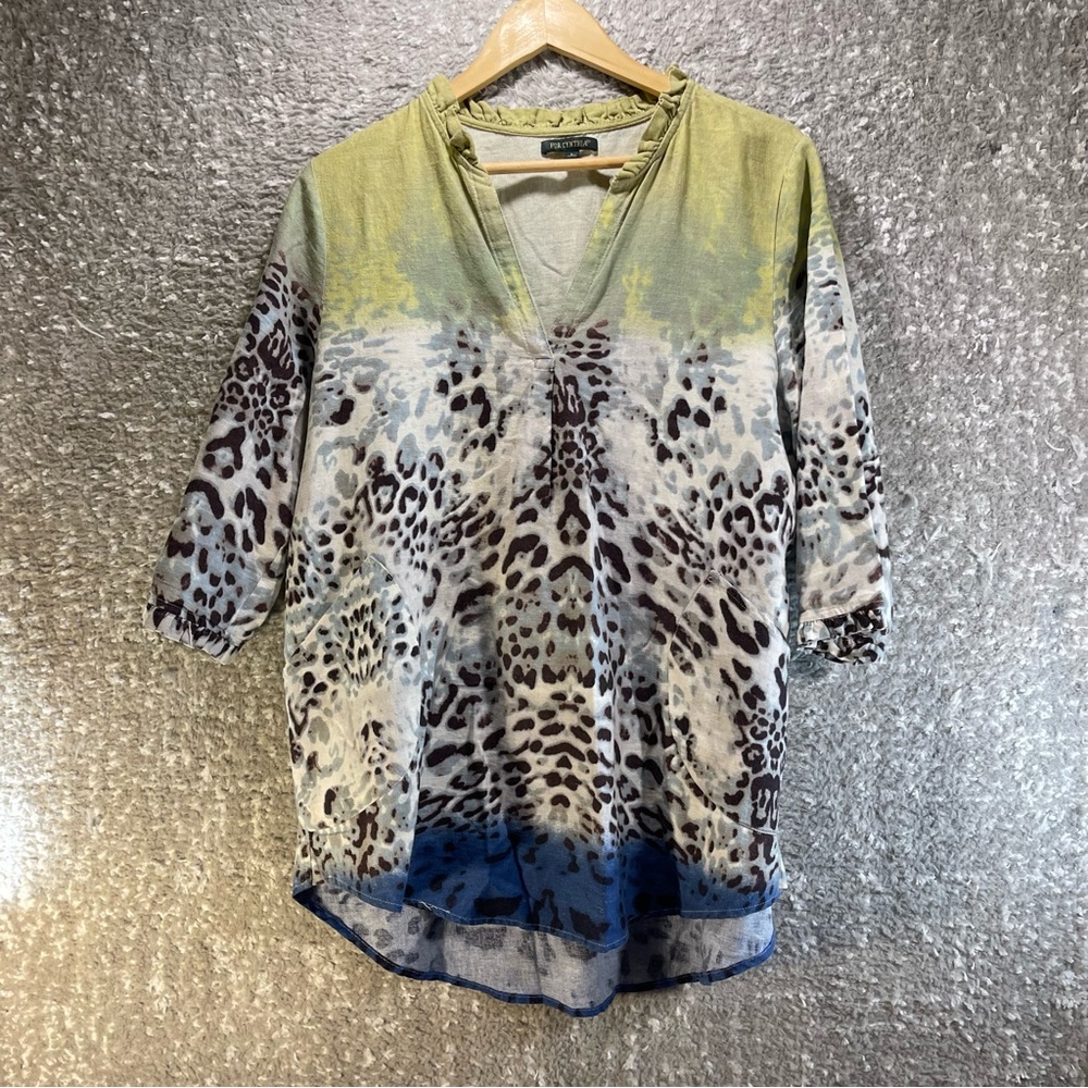 For Cynthia Size Large Linen Blend Lagenlook Multicolored Pockets Tunic Top